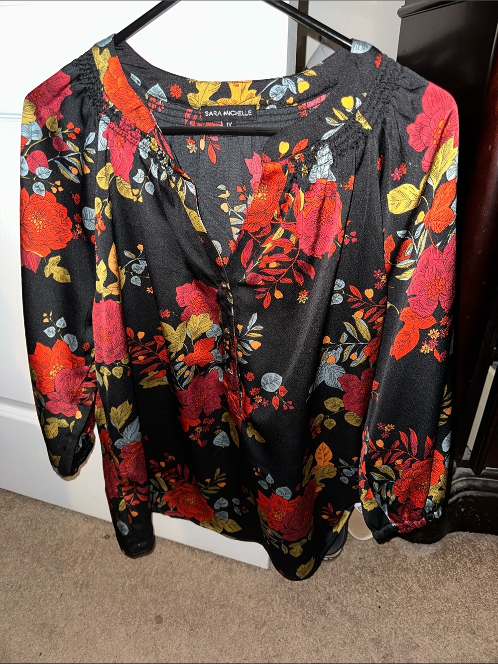 Sara Michelle Black Floral Blouse with Red & Yellow Blooms